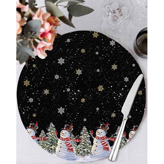 13 Inch Round Placemats Set of 4, Black Christmas Snowman Non Slip Heat Insulation PP Table Mats, Winter Xmas Tree Snowflakes Washable Place Mats for Kitchen Dining Party Table Decor