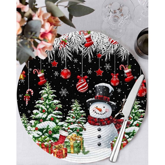 13 Inch Round Placemats Set of 4, Black Christmas Snowman Non Slip Heat Insulation PP Table Mats, Xmas Balls Stocking Tree Gifts Washable Place Mats for Kitchen Dining Party Table Decor
