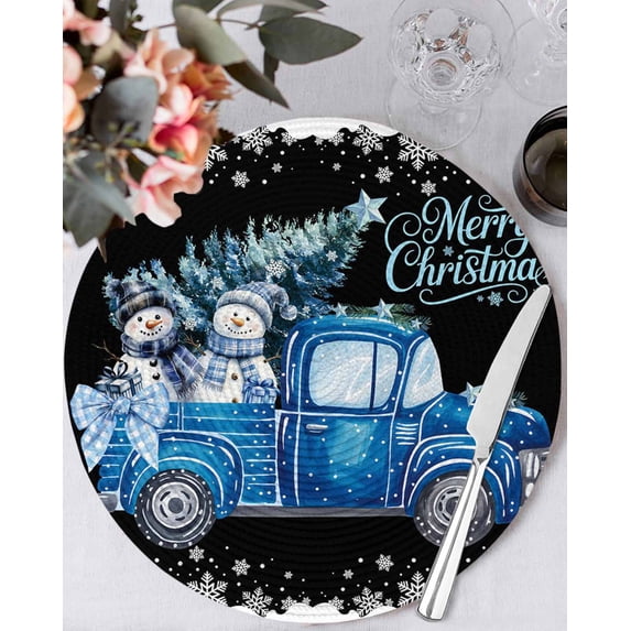 13 Inch Round Placemats Set of 4, Black Christmas Truck Non Slip Heat Insulation PP Table Mats, Xmas Tree Snowman Snowflake Washable Place Mats for Kitchen Dining Party Table Decor