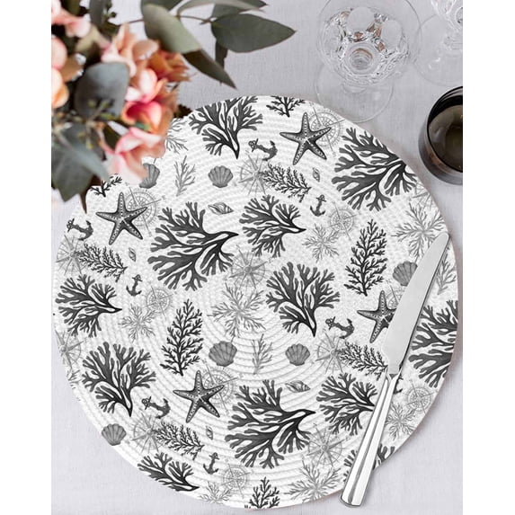 13 Inch Round Placemats Set of 4, Black Coastal Non Slip Heat Insulation PP Table Mats, Coral Starfish Seaside Summer Beach Washable Place Mats for Kitchen Dining Party Table Decor