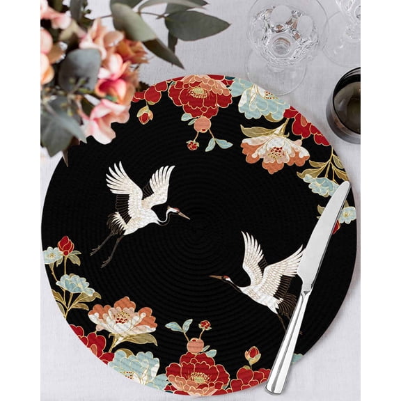13 Inch Round Placemats Set of 4, Black Crane Non Slip Heat Insulation PP Table Mats, Vintage Red Teal Spring Floral Botanical Washable Place Mats for Kitchen Dining Party Table Decor
