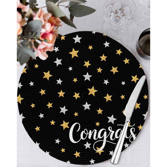 13 Inch Round Placemats Set of 4, Black Graduation Non Slip Heat Insulation PP Table Mats, Stars Modern Art Washable Place Mats for Kitchen Dining Party Table Decor