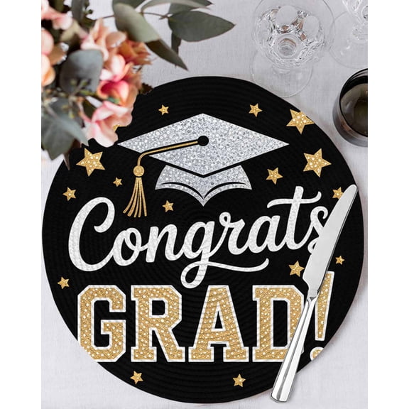 13 Inch Round Placemats Set of 4, Black Graduation Non Slip Heat Insulation PP Table Mats, Yellow Star Washable Place Mats for Kitchen Dining Party Table Decor