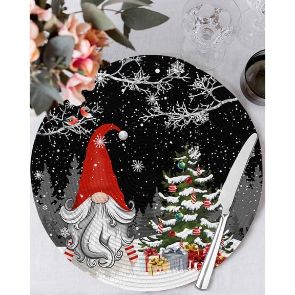 13 Inch Round Placemats Set of 4, Black Red Christmas Non Slip Heat Insulation PP Table Mats, Gnomes Xmas Tree Snowflake Winter Gifts Washable Place Mats for Kitchen Dining Party Table Decor