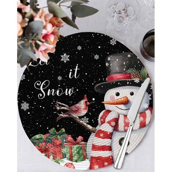 13 Inch Round Placemats Set of 4, Black Snowman Christmas Non Slip Heat Insulation PP Table Mats, Winter Snowflake Xmas Gifts Washable Place Mats for Kitchen Dining Party Table Decor