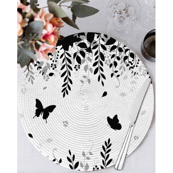 13 Inch Round Placemats Set of 4, Black Spring Botanical Non Slip Heat Insulation PP Table Mats, Weeping Eucalyptus Butterfly Washable Place Mats for Kitchen Dining Party Table Decor