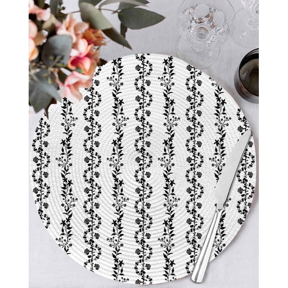 13 Inch Round Placemats Set of 4, Black Spring Leaves Non Slip Heat Insulation PP Table Mats, Pastoral Botanical Striped Flowers Washable Place Mats for Kitchen Dining Party Table Decor