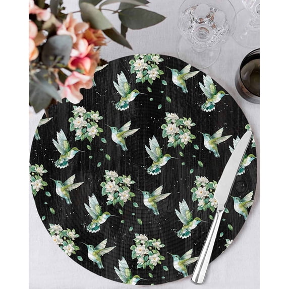 13 Inch Round Placemats Set of 4, Black Summer Botanical Non Slip Heat Insulation PP Table Mats, Green Spring Floral Birds Farmhouse Washable Place Mats for Kitchen Dining Party Table Decor