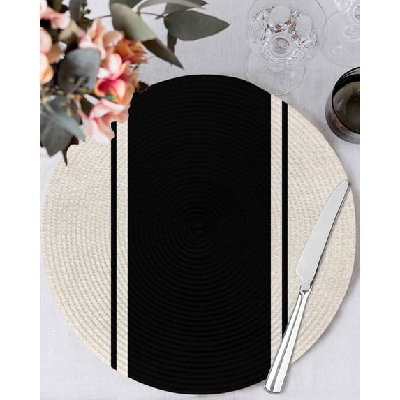 13 Inch Round Placemats Set of 4, Black Vintage Non Slip Heat Insulation PP Table Mats, Geometric Stripes Simple Lines Washable Place Mats for Kitchen Dining Party Table Decor