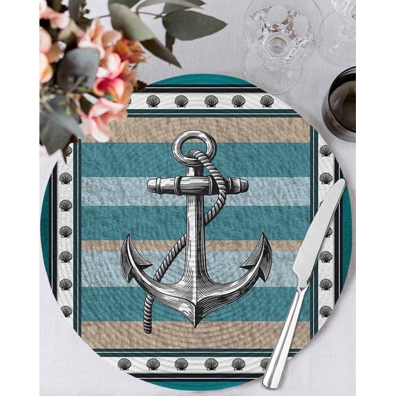 13 Inch Round Placemats Set of 4, Blue Beige Anchor Non Slip Heat Insulation PP Table Mats, Nautical Summer Beach Coastal Ocean Washable Place Mats for Kitchen Dining Party Table Decor