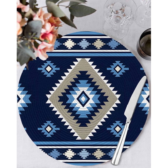 13 Inch Round Placemats Set of 4, Blue Boho Non Slip Heat Insulation PP Table Mats, Farmhouse Neutral Abstract Geometric Motifs Washable Place Mats for Kitchen Dining Party Table Decor