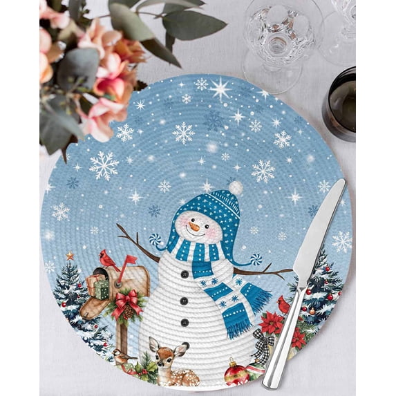 13 Inch Round Placemats Set of 4, Blue Christmas Non Slip Heat Insulation PP Table Mats, Snowman Gifts Xmas Tree Snowflake Winter Washable Place Mats for Kitchen Dining Party Table Decor