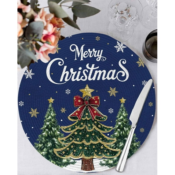 13 Inch Round Placemats Set of 4, Blue Christmas Non Slip Heat Insulation PP Table Mats, Xmas Christmas Tree Snowflake Washable Place Mats for Kitchen Dining Party Table Decor