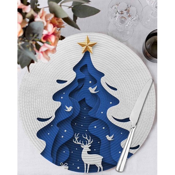 13 Inch Round Placemats Set of 4, Blue Christmas Tree Non Slip Heat Insulation PP Table Mats, Xmas Reindeer Modern Abstract Art Washable Place Mats for Kitchen Dining Party Table Decor