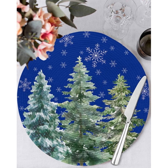 13 Inch Round Placemats Set of 4, Blue Christmas Tree Non Slip Heat Insulation PP Table Mats, Xmas Trees Snowflake Winter Washable Place Mats for Kitchen Dining Party Table Decor