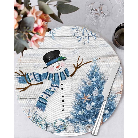 13 Inch Round Placemats Set of 4, Blue Coastal Christmas Non Slip Heat Insulation PP Table Mats, Snowman Xmas Tree Starfish Vintage Washable Place Mats for Kitchen Dining Party Table Decor