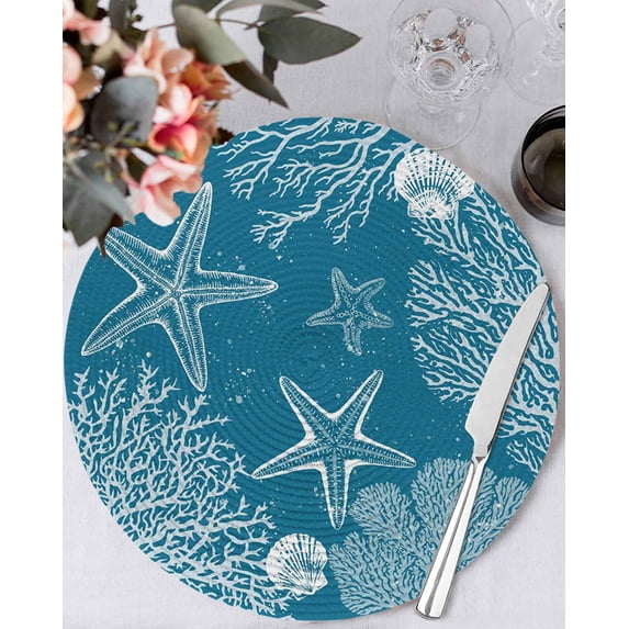 13 Inch Round Placemats Set of 4, Blue Coastal Non Slip Heat Insulation PP Table Mats, Starfish Coral Summer Beach Ocean Washable Place Mats for Kitchen Dining Party Table Decor