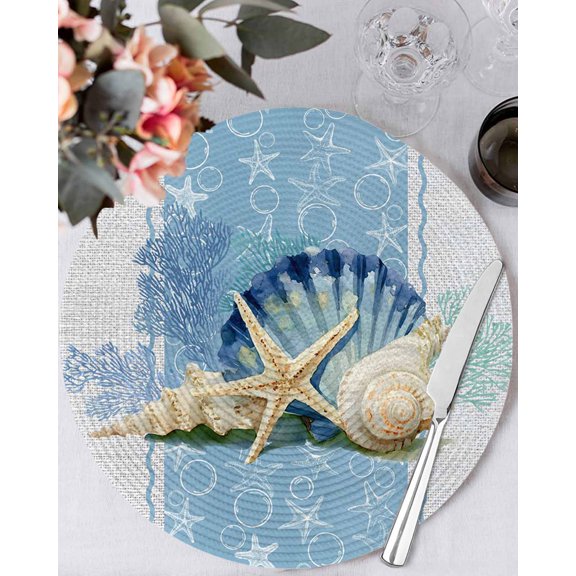 13 Inch Round Placemats Set of 4, Blue Coastal Starfish Non Slip Heat Insulation PP Table Mats, Vintage Grey Nautical Coral Summer Washable Place Mats for Kitchen Dining Party Table Decor