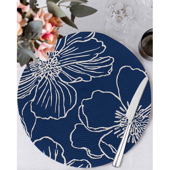 13 Inch Round Placemats Set of 4, Blue Flowers Non Slip Heat Insulation PP Table Mats, Spring Floral Botanical Modern Art Washable Place Mats for Kitchen Dining Party Table Decor