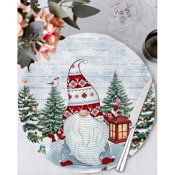 13 Inch Round Placemats Set of 4, Blue Gnomes Christmas Non Slip Heat Insulation PP Table Mats, Xmas Tree Snowflake Winter Holiday Washable Place Mats for Kitchen Dining Party Table Decor