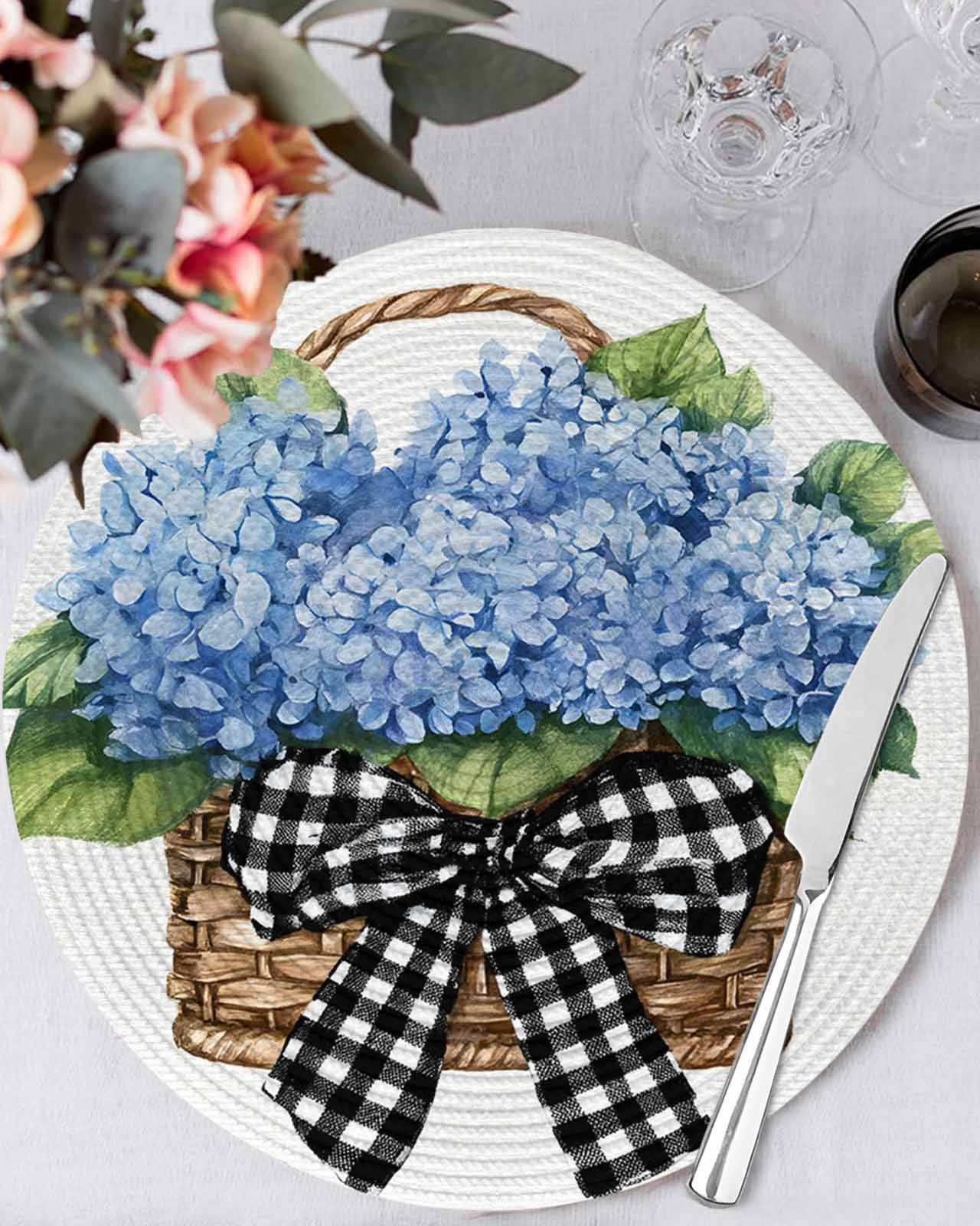 13 Inch Round Placemats Set of 4, Blue Hydrangea Flower Non Slip Heat Insulation PP Table Mats, Spring Summer Black White Bow Floral Washable Place Mats for Kitchen Dining Party Table Decor