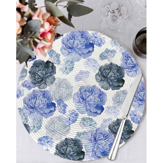 13 Inch Round Placemats Set of 4, Blue Ombre Spring Floral Non Slip Heat Insulation PP Table Mats, Summer Botanical Flowers Washable Place Mats for Kitchen Dining Party Table Decor