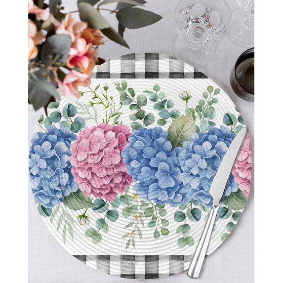 13 Inch Round Placemats Set of 4, Blue Pink Hydrangea Non Slip Heat Insulation PP Table Mats, Eucalyptus Leaves Summer Botanical Plaid Washable Place Mats for Kitchen Dining Party Table Decor