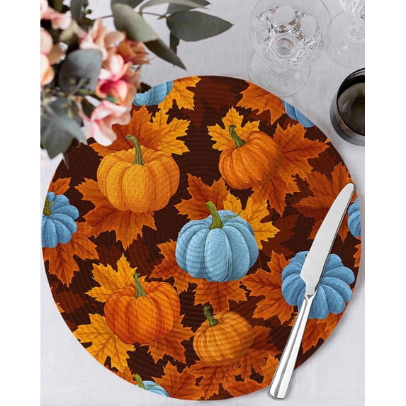 13 Inch Round Placemats Set of 4, Blue Pumpkin Fall Non Slip Heat Insulation PP Table Mats, Thanksgiving Maple Leaves Farmhouse Washable Place Mats for Kitchen Dining Party Table Decor
