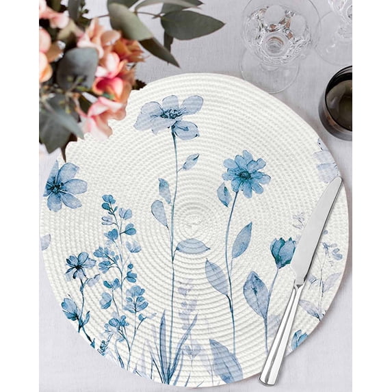 13 Inch Round Placemats Set of 4, Blue Spring Floral Non Slip Heat Insulation PP Table Mats, Summer Flowers Botanical Elegant Washable Place Mats for Kitchen Dining Party Table Decor
