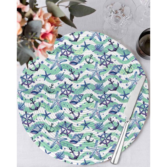 13 Inch Round Placemats Set of 4, Blue Starfish Anchor Non Slip Heat Insulation PP Table Mats, Summer Coastal Teal Waves Stripe Washable Place Mats for Kitchen Dining Party Table Decor