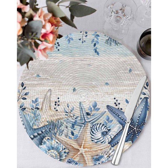 13 Inch Round Placemats Set of 4, Blue Starfish Coastal Non Slip Heat Insulation PP Table Mats, Eucalyptus Summer Nautical Shell Vintage Washable Place Mats for Kitchen Dining Party Table Decor