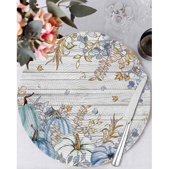 13 Inch Round Placemats Set of 4, Blue Teal Fall Non Slip Heat Insulation PP Table Mats, Thanksgiving Pumpkins Vintage Botanical Washable Place Mats for Kitchen Dining Party Table Decor
