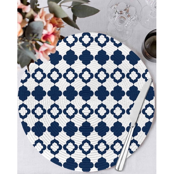 13 Inch Round Placemats Set of 4, Bohemia Non Slip Heat Insulation PP Table Mats, Minimalist Geometric Pattern Abstract Dark Blue Washable Place Mats for Kitchen Dining Party Table Decor