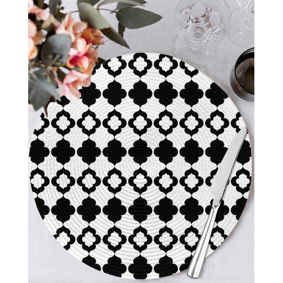 13 Inch Round Placemats Set of 4, Bohemia Non Slip Heat Insulation PP Table Mats, Retro Abstract Geometric Pattern Boho Black Washable Place Mats for Kitchen Dining Party Table Decor