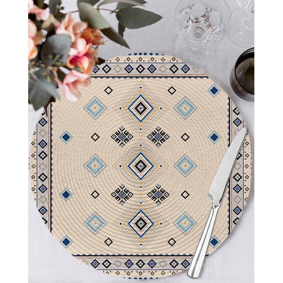 13 Inch Round Placemats Set of 4, Boho Geometric Non Slip Heat Insulation PP Table Mats, Retro Rustic Chic Ethnic Abstract Patterned Washable Place Mats for Kitchen Dining Party Table Decor