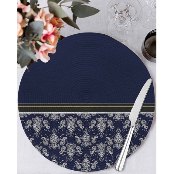 13 Inch Round Placemats Set of 4, Boho Navy Blue Flower Non Slip Heat Insulation PP Table Mats, Abstract Bohemia Pesley Floral Washable Place Mats for Kitchen Dining Party Table Decor
