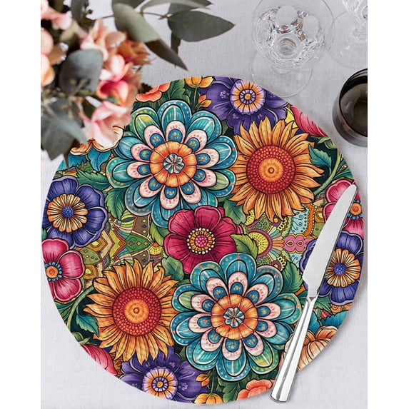 13 Inch Round Placemats Set of 4, Boho Teal Flower Non Slip Heat Insulation PP Table Mats, Spring Bohemia Chic Red Yellow Floral Washable Place Mats for Kitchen Dining Party Table Decor