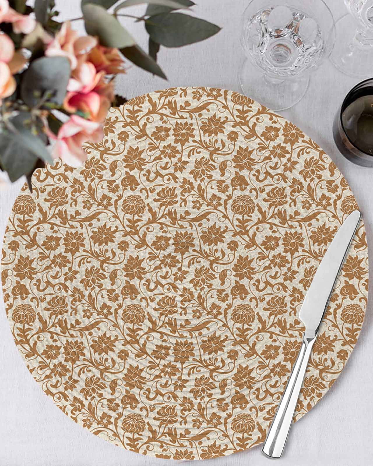 13 Inch Round Placemats Set of 4, Brown Floral Non Slip Heat Insulation PP Table Mats, Vintage Rustic Flowers Botanical Spring Washable Place Mats for Kitchen Dining Party Table Decor