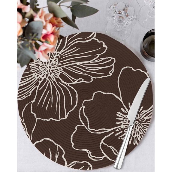 13 Inch Round Placemats Set of 4, Brown Flowers Non Slip Heat Insulation PP Table Mats, Spring Floral Botanical Modern Art Washable Place Mats for Kitchen Dining Party Table Decor