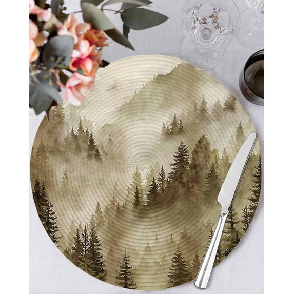 13 Inch Round Placemats Set of 4, Brown Mountain Non Slip Heat Insulation PP Table Mats, Misty Forest Nature Woodland Pine Tree Landscape Washable Place Mats for Kitchen Dining Party Table Decor