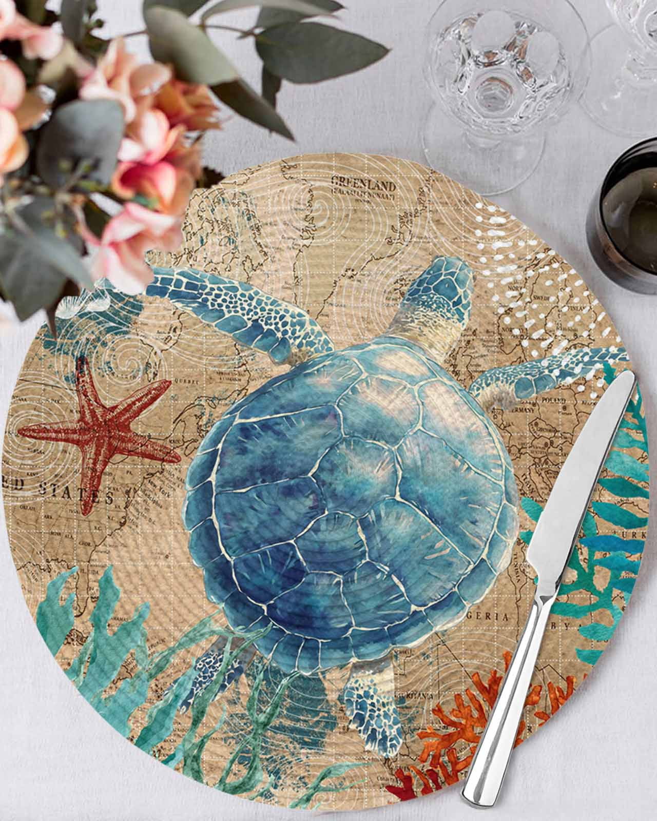 13 Inch Round Placemats Set of 4, Brown Sea Turtle Coastal Non Slip Heat Insulation PP Table Mats, Nautical Coral Ocean Vintage Washable Place Mats for Kitchen Dining Party Table Decor