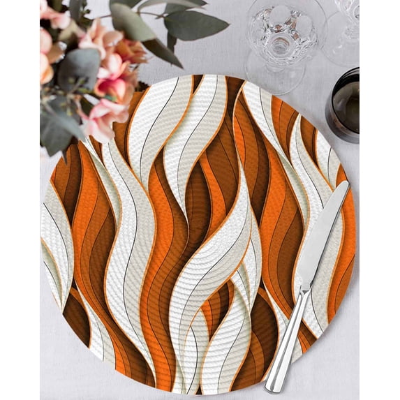 13 Inch Round Placemats Set of 4, Burnt Orange White Moire Non Slip Heat Insulation PP Table Mats, Modern Abstract Art Washable Place Mats for Kitchen Dining Party Table Decor