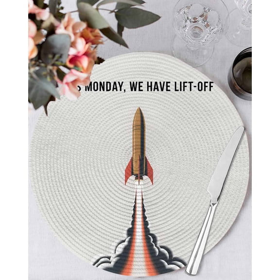 13 Inch Round Placemats Set of 4, Cartoon Rockets Non Slip Heat Insulation PP Table Mats, Letters It's Monday We Have Lift-off Washable Place Mats for Kitchen Dining Party Table Decor