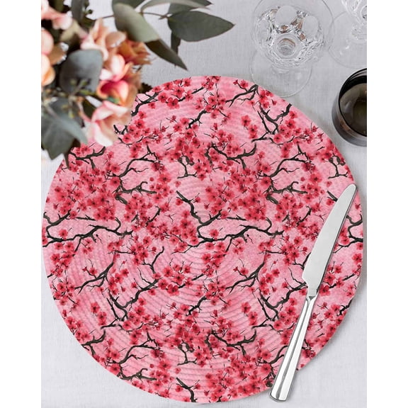 13 Inch Round Placemats Set of 4, Chinese Flowers Non Slip Heat Insulation PP Table Mats, Spring Pink Peach Blossoms Floral Washable Place Mats for Kitchen Dining Party Table Decor