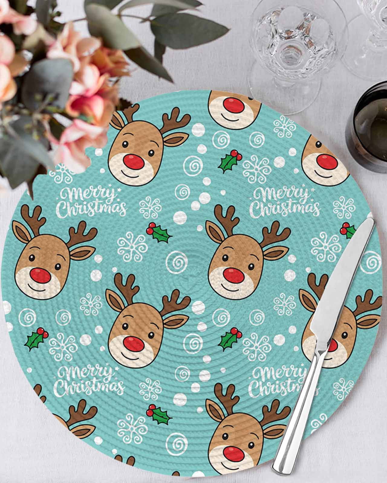 13 Inch Round Placemats Set of 4, Christmas Blue Non Slip Heat ...