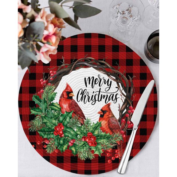 13 Inch Round Placemats Set of 4, Christmas Cardinal Birds Non Slip Heat Insulation PP Table Mats, Buffalo Plaid Xmas Holly Leaves Branch Washable Place Mats for Kitchen Dining Party Table Decor