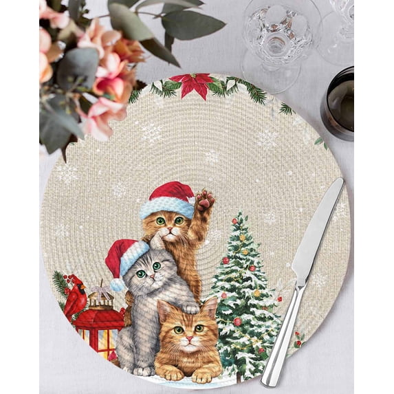13 Inch Round Placemats Set of 4, Christmas Cats Non Slip Heat Insulation PP Table Mats, Xmas Tree Poinsettia Botanical Linen Texture Washable Place Mats for Kitchen Dining Party Table Decor