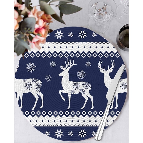 13 Inch Round Placemats Set of 4, Christmas Elk Non Slip Heat Insulation PP Table Mats, Xmas Snowflakes Vintage Navy Blue Geometric Art Washable Place Mats for Kitchen Dining Party Table Decor