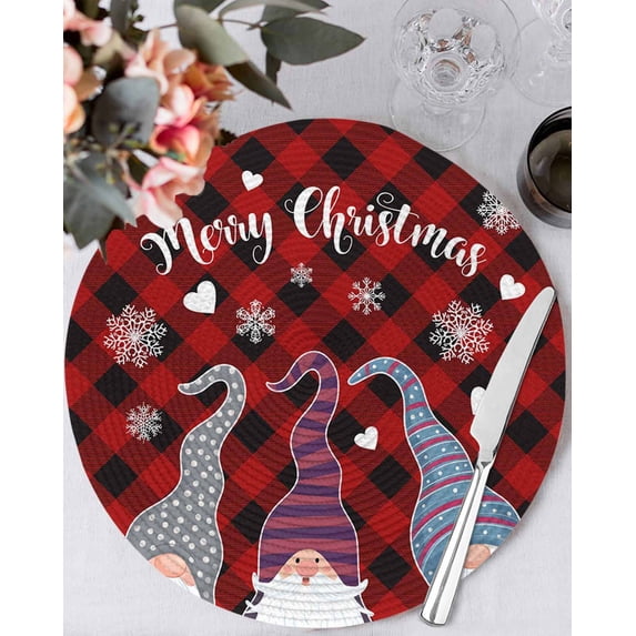 13 Inch Round Placemats Set of 4, Christmas Gnomes Non Slip Heat Insulation PP Table Mats, Buffalo Plaid Xmas Winter Snowflakes Washable Place Mats for Kitchen Dining Party Table Decor