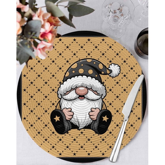 13 Inch Round Placemats Set of 4, Christmas Gnomes Non Slip Heat Insulation PP Table Mats, Winter Xmas Snowflakes Textured Yellow Washable Place Mats for Kitchen Dining Party Table Decor